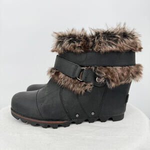 Women's Sorel Shearling Wedge Booties Black Brown Shoes 7